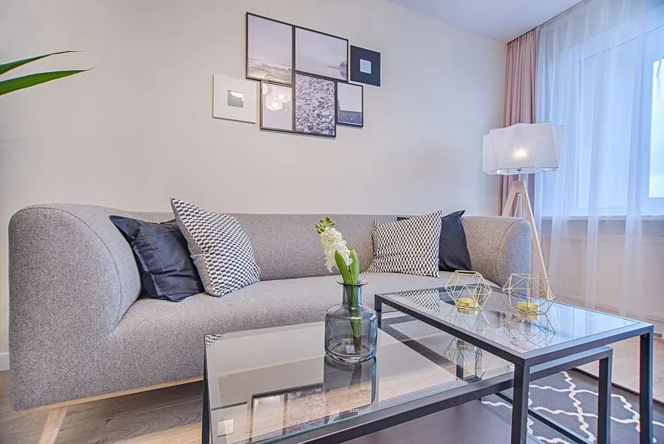 Contemporary living room featuring a gray sofa, geometric decor, and framed art.